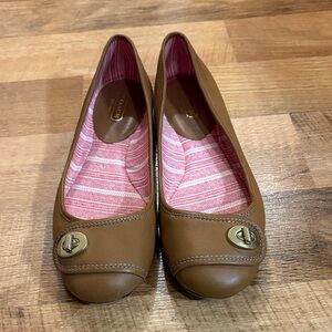 Coach Tan Leather Flats with Gold Buckles